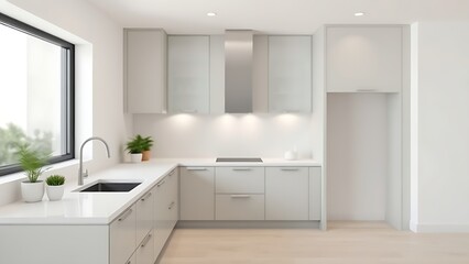 Modern kitchen interior with clean countertops and minimalist design.