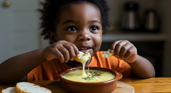 Child enjoying melted provoleta with fresh oregano, traditional Argentine comfort food.