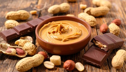Peanut butter and chocolate spread on a rustic wooden surface