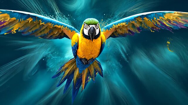Macaw flying with colorful paint explosion

