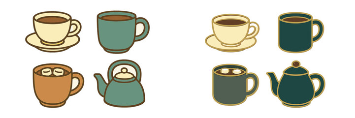 Collection of hot beverage containers including coffee cups, mugs with marshmallows, and teapots for warm drinks