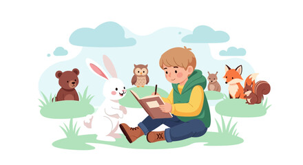 Child Reading A Book In The Forest With Friendly Animals In A Peaceful Atmosphere