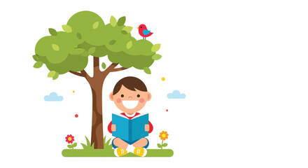 Child Reading Book Under Green Tree With Bird, Simple Illustration, Flat Vector Artwork