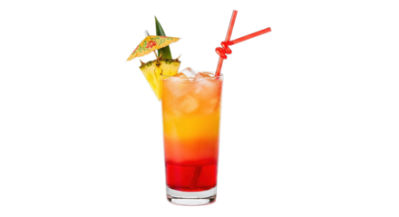 Refreshing Tropical Tequila Sunrise Cocktail with Pineapple Slice Umbrella and Straws