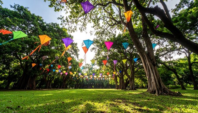 Colorful Kites Hanging in Park Trees on Sunny Day