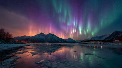 Aurora borealis rings on ice landscape northern lights night sky winter scene beautiful nature wallpaper art