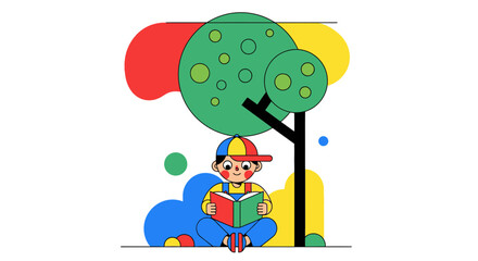 Child Reading Under a Tree's Shade in a Colorful, Geometric Illustration
