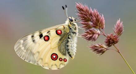 Delicate Apollo Butterfly Perched On A Dewy Plant Stem