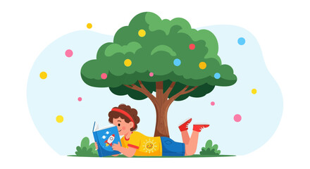 Child Reading Under The Tree, A Moment of Serenity, Education, Childhood Relaxation