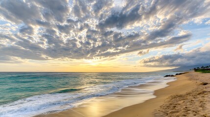 A breathtaking tropical beach sunset with vibrant clouds and golden reflections on the wet sand.