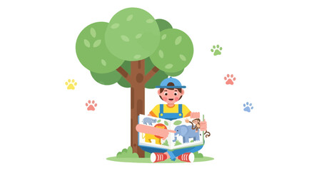 Child Reading Wildlife Book Under Lush Green Tree: A Delightful Illustration