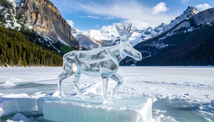 Ice sculpture of a moose on frozen lake