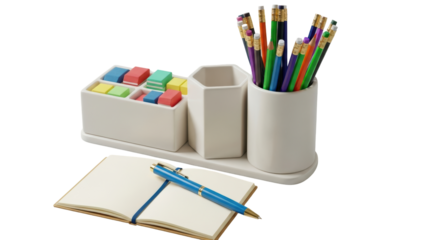 Isolated desk organizer set with notebook and pen on desk; office stationery concept