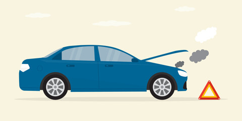 Car breakdown on the road. Engine problem. Car with open hood and hazard sign on the road. Highway accident. Horizontal banner.