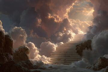Ascending white marble stairs toward radiant light surrounded by fluffy clouds. Concept for spiritual journey, afterlife imagery and theological illustration