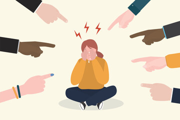 Bullying, blaming concept, hands pointing on young woman. Victim of harassment and abuse, aggression in teenagers society