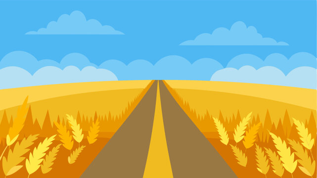 A narrow country road nestled between fields of golden wheat with a cloudless blue sky overhead.