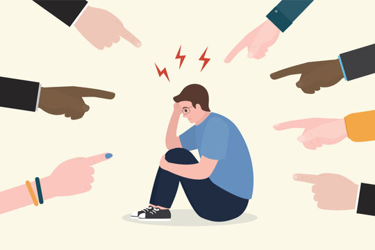 Bullying and verbal bullying concept with hands pointing on young man. Victim of harassment and abuse, aggression in teenagers society.
