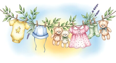 Baby Clothes and Teddy Bears Hanging on a Clothesline.