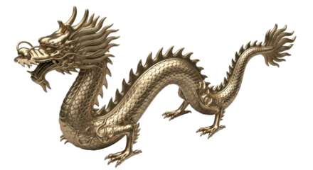 Isolated Chinese dragon statuette, mythical creature sculpture, metallic gold, traditional symbol