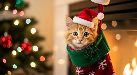 Adorable Kitten in Christmas Stocking by Fireplace.
