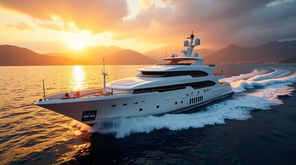 A luxury yacht sails on the sea at sunset, with mountains and a golden sky in the background.