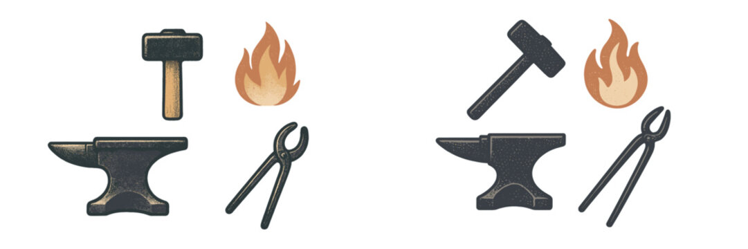 Traditional blacksmithing tools and elements for metal forging, featuring anvils, hammers, tongs, and flames