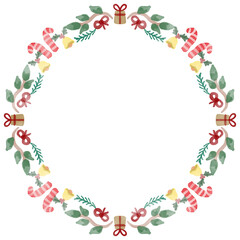 Christmas wreath frame with candy canes, bells, gifts and red bows, festive flat illustration