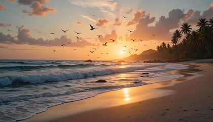 Obraz premium Tropical beach at sunset with birds flying over the ocean and palm trees nearby