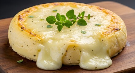 Delicious melted provolone cheese with fresh oregano, classic Argentine appetizer on plate.