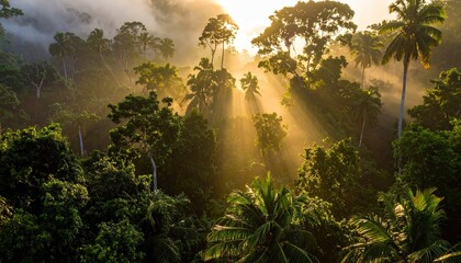 Lush Green Rainforest Canopy with Morning Light Rays at Dawn Creating a Scenic and Ethereal Atmosphere in Nature Photography with Dense Vegetation