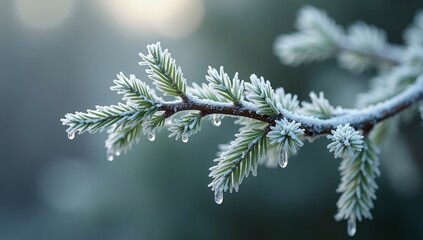 A branch covered in frost with icicles hanging, creating a beautiful winter scene.