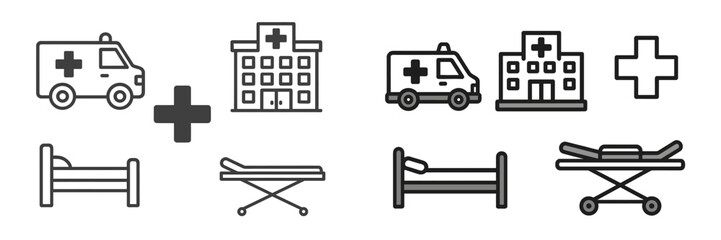 Medical and emergency service icons set including ambulance, hospital, cross, bed, and stretcher symbols