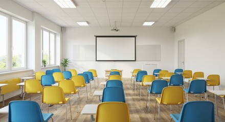 Empty Modern Classroom with Blue and Yellow Seating and Projection Screen