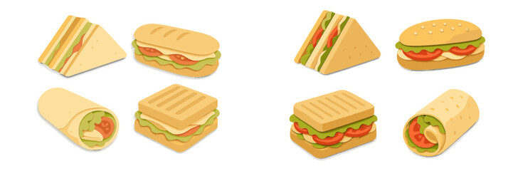 A delightful variety of fresh sandwiches, paninis, subs, and wraps presented in a unique isometric paper cut style