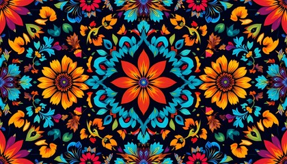 Vibrant floral kaleidoscope pattern with symmetrical design and bold color scheme