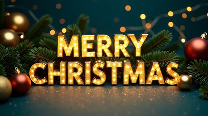 Illuminated "Merry Christmas" letters with golden and red ornaments, and green pine branches, creating a festive atmosphere.