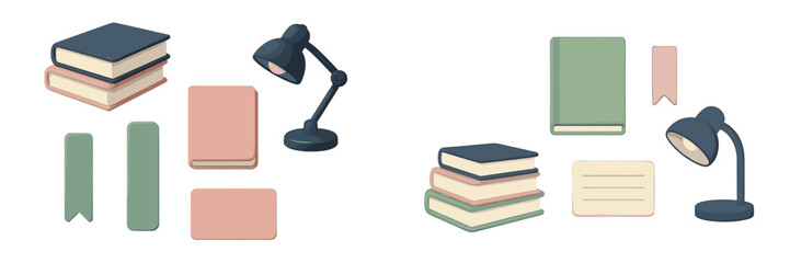 Assortment of stylized study and office supplies featuring stacked books, a desk lamp, bookmarks, and a notebook