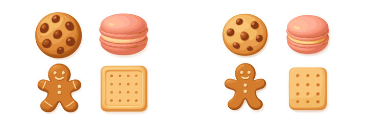 Collection of various baked goods and sweet treats: chocolate chip cookies, colorful macarons, gingerbread men, and savory crackers