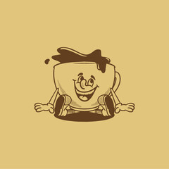 coffee cup retro cartoon character mascot illustration with happy face for drink product, plantation, grocery, health food, cafes mascots and merchandise. groovy, vector, editable, icon, coloring book