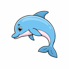 Fototapeta premium Cartoon illustration of a blue dolphin with a white belly, smiling and jumping.
