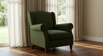 Elegant Wingback Chair by a Window, Tranquil Interior Scene.