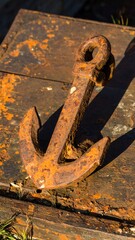 Rusty anchor on a weathered metal surface
