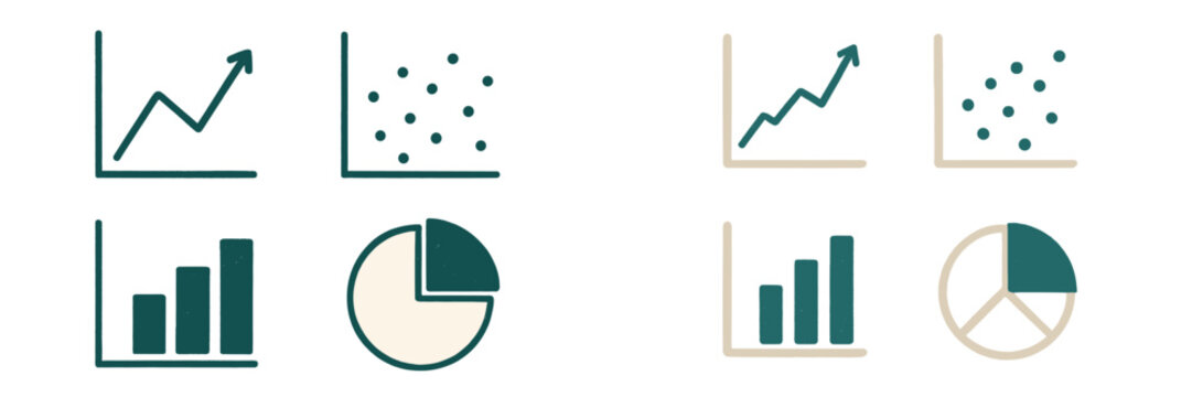 Collection of business data visualization charts including line graph, bar chart, scatter plot, and pie chart for analytics