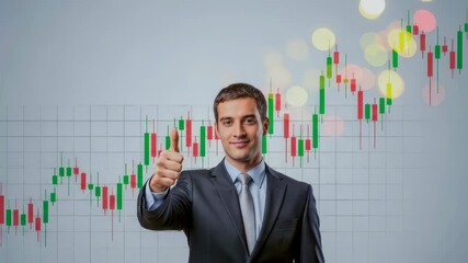 Man gives a thumbs up over a stock market chart for business investment success footage - Powered by Adobe
