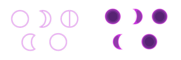 Obraz premium Various phases of the moon depicted with glowing purple light and outline shapes representing the lunar cycle
