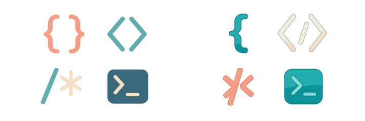 Essential programming syntax symbols, code brackets, and developer tools icons for web and application development projects