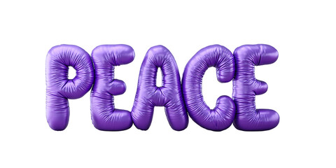 PEACE purple balloon text, glossy inflated 3D letters, inspirational word art isolated on transparent PNG background, calm harmony decorative design