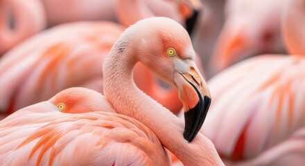 Naklejka premium Close Up of Pink Flamingo Birds in Flock