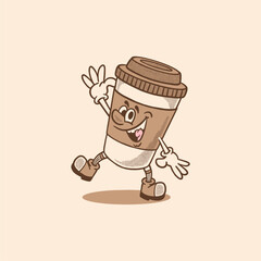 paper cup retro cartoon character mascot illustration with happy face for drink product, plantation, grocery, health food, cafes mascots and merchandise. groovy, vector, editable, icon